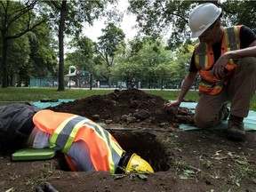 Under the administration of archaeologist Michel Plourde, right, technicians like Elea Gutierres were digging test pits in Outremont Park in search of artifacts that might indicate the presence of the original village of Hochelaga, in Outremont, on Tuesday, July 4, 2017.