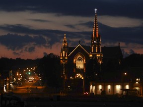 LAC MEGANTIC, QUE.: JUNE 27, 2016 -- St. Agnès church in Lac Mégantic, Qc. about 250 kms from Montreal Monday, June 27, 2016 with new lighting that was turned on earlier in June. A train carrying cars with crude oil derailed from July 6, 2013 not far from the church. The resulting accident/fire killed 47 people, destroyed much of downtown and polluted the environment. (John Kenney / MONTREAL GAZETTE)  ORG XMIT: 56572