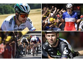 (From L, Up to bottom) Slovakia's Peter Sagan riding ; France's Arnaud Demare crossing the finish line ; Slovakia's Peter Sagan (2ndL) giving a kick of elbow and Great Britain's Mark Cavendish (L) falling near the finish line ; and Great Britain's Mark Cavendish, injured, crossing the finish line after falling ; as part of the Tour de France cycling race on July 4.