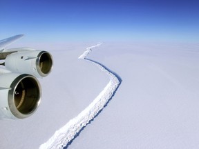 TThis Nov. 10, 2016 aerial photo released by NASA, shows a rift in the Antarctic Peninsula's Larsen C ice shelf. A vast iceberg with twice the volume of Lake Erie has broken off from a key floating ice shelf in Antarctica, scientists said Wednesday July 12, 2017. The iceberg broke off from the Larsen C ice shelf, scientists at the University of Swansea in Britain said.