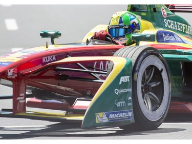 ABT Schaeffler FE02 driver Lucas Di Grassi, of Brazil, rounds the track to take pole position during Day 1 qualifying at the Montreal Formula ePrix electric car race, in Montreal on Saturday, July 29, 2017.