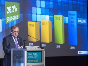 Louis Audet, chief executive of Cogeco Communications, speaks to shareholders at the company's annual meeting, January 13, 2016 in Montreal.