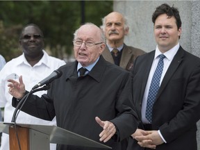 Former Quebec premier Bernard Landry and members of the Société Saint-Jean-Baptiste are seen at a news conference in Montreal on Wednesday, July 12, 2017, where they outlined their plans to celebrate the 50th anniversary of then-French president Charles de Gaulle's visit to Quebec where he uttered the famous phrase "Vivre le Quebec libre".