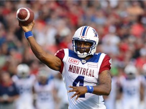 Montreal Alouettes quarterback Darian Durant (4) makes a pass during first half CFL football action against the Ottawa Redblacks in Ottawa on Wednesday, July 19, 2017.