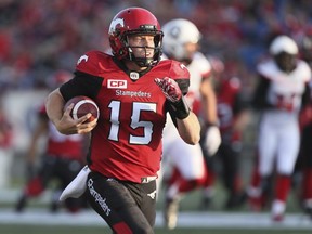 Calgary Stampeders' Andrew Buckley runs for a touchdown in second half CFL action against the Ottawa Redblacks, in Calgary, Thursday, June 29, 2017.