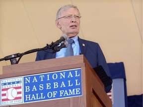 National Baseball Hall of Fame inductee Bud Selig speaks during an induction ceremony at the Clark Sports Center, Sunday, July 30, 2017, in Cooperstown, N.Y.