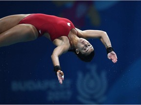 Meaghan Benfeito of Canada competes in the women's Diving 10m Platform Final of the 17th FINA Swimming World Championships in Duna Arena in Budapest, Hungary, Wednesday, July 19, 2017. (Tibor Illyes/MTI via AP)