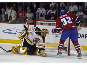 Mark Streit of the Montreal Canadiens scores a goal against Tim Thomas of the Boston Bruins in the second period Monday, April 21, 2008 in game 7 of the first round of playoffs  at the Bell Centre in Montreal. (THE GAZETTE/John Kenney)
john kenney, The Gazette