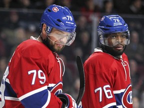 Montreal Canadiens defence partners Andrei Markov, left, and P.K Subban during National Hockey League game against the Washington Capitals in Montreal on Dec. 3, 2015.