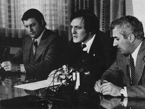 This photo, dated 1970, shows (from left) Quebec Nordiques' GM Maurice Filion and team president Marcel Aubut with Quebec City Mayor Jean Pelletier. (From Gazette archives)