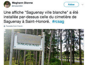 A sign saying "Saguenay ville blanche" has been installed at Saint-Honoré's cemetery.