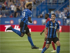 Montreal Impact's Michael Salazar celebrates his first half goal against FC Dallas during MLS action in Montreal on Saturday, July 22, 2017.