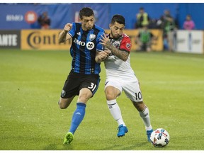 Montreal Impact's Blerim Dzemaili, left, challenges D.C. United's Luciano Acosta during second half MLS soccer action in Montreal, Saturday, July 1, 2017.
