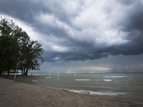 Rain clouds pass over Lake Ontario into Port Dalhousie, Ont., in June 2017.