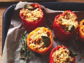 Stuff coloured peppers with seasoned grain, top with cheese, and bake to serve as a main course or cut them in half and serve as a side dish.