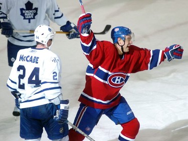 Montreal Canadiens' Andrei Markov celebrates the tying goal against the Toronto Maple Leafs in the third, to send the game into overtime at the Bell Centre in Montreal, Saturday, December, 02 2006.