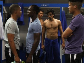 Actors Karl Walcott, left to right, Emmanuel Kabongo, Jonathan Kim, Andres Joseph and Benjamin Roy are seen in this undated handout photo from the CBC-TV series 21 Thunder.