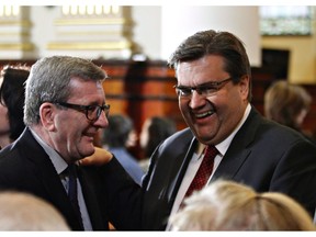 Quebec City Mayor Régis Labeaume and Montreal Mayor Denis Coderre in 2016: While the two do not agree on all issues, Coderre said Wednesday, "there is no Montreal-Quebec war."