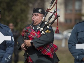 Bagpiper Jeff McCarthy during the Inauguration of the Place de Vimy at Notre-Dame-de-Grâce Park in April 2017.  McCarthy's bagpipes were stolen from his car on Monday afternoon.
