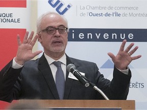 Quebec finance minister Carlos Leitão addresses the West Island of Montreal Chamber of Commerce in April 2017.