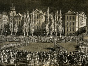 In 1879, electric lights furnished by J.I. Craig were set up on the Champ de Mars, and Montrealers watched in delight as local militia units drilled after sunset.