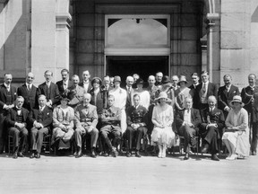 The unenthusiastic visit by the Prince of Wales to Rideau Hall, Ottawa, Aug. 4, 1927. Front row (left to right): 2nd, Canadian Prime Minister William Lyon Mackenzie King; 5th, Prince Edward (Prince of Wales and later King of England for less than a year); 6th, Prince George (later Duke of Kent); 8th, British Prime Minister Stanley Baldwin.