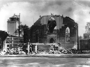 Demolition of St. Andrew's Church, Beaver Hall Hill, Montreal, about 1928.