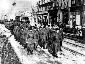 The 24th Battalion on one of its farewell marches through the streets of Montreal, 1914-1919.