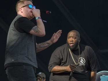 El-P, left, and Killer Mike of Run the Jewels perform during Day 3 of the Osheaga Music and Arts Festival at  Parc Jean-Drapeau in Montreal on Sunday, Aug. 6, 2017.