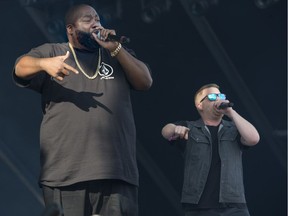 Killer Mike and El-P of Run the Jewels perform during Day 3 of the Osheaga Music and Arts Festival at Parc Jean-Drapeau in Montreal on Sunday, Aug. 6, 2017.