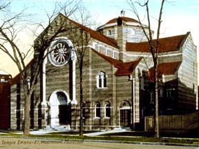 Postcard of the Byzantine-style Temple Emanu-El synagogue, built on Sherbrooke St. W., in 1911. It burned down in 1957 and a more modern synagogue was built on the same spot and was later expanded. The name was changed to Temple Emanu-El-Beth Sholom in 1980 when the Temple Emanu-El congregation merged with the Beth Sholom congregation that was formed in 1953.