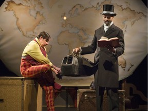 Danielle Desormeaux (left) and Chimwemwe Miller, under the direction of Mike Payette, run through Hudson Village Theatre's production of Around the World in 80 Days on Tuesday.