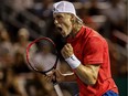 Denis Shapovalov celebrates a point against Rafael Nadal on centre court at the Rogers Cup at Uniprix Stadium in Montreal, on Thursday, August 10, 2017.