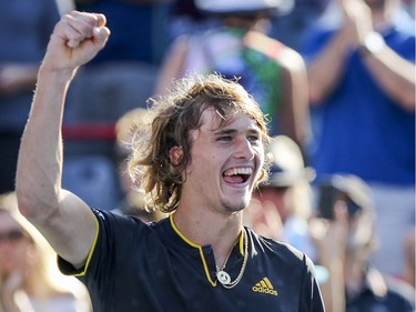 Alexander Zverev celebrates after winning the championship match over Roger Federer at the Rogers Cup tennis tournament at Uniprix Stadium in Montreal on Sunday, August 13, 2017.
