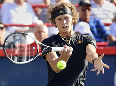 Alexander Zverev hits a forehand return during the championship match against Roger Federer at the Rogers Cup tennis tournament at Uniprix Stadium in Montreal on Sunday, August 13, 2017.