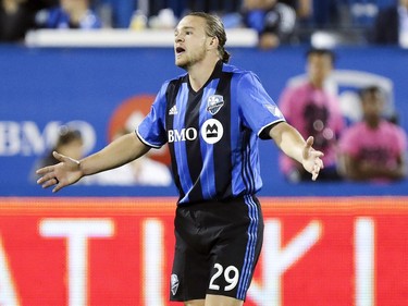 Montreal Impact's Samuel Piette reacts to call by referee during second half of MLS action against the Chicago Fire in Montreal on Wednesday August 16, 2017.
