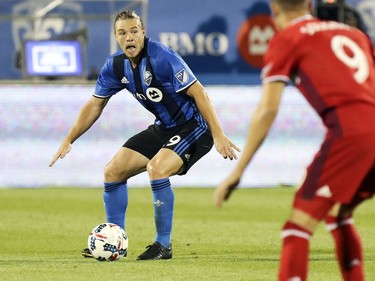 Montreal Impact's Samuel Piette looks to make a pass during second half of MLS action against the Chicago Fire in Montreal on Wednesday August 16, 2017.