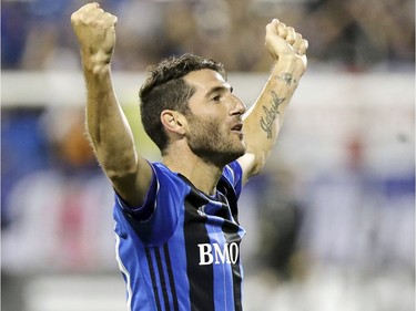 Montreal Impact's Ignacio Piatti celebrates his second goal of the game during first half of MLS action against the  Chicago Fire in Montreal on Wednesday August 16, 2017.