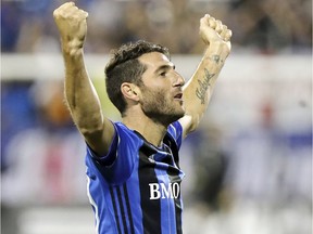 Montreal Impact's Ignacio Piatti celebrates his second goal of the game during first half of MLS action against the Chicago Fire in Montreal on Aug. 16, 2017.