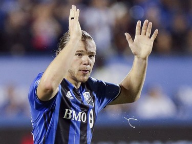 Montreal Impact's Samuel Piette waves to the crowd while being replaced during second half of MLS action against the Chicago Fire in Montreal on Wednesday August 16, 2017.