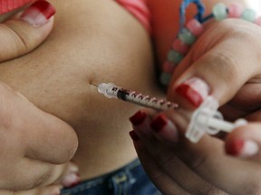 A 19-year-old with diabetes gives herself an insulin injection in this 2014 file photo.