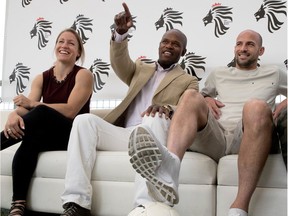 Josée Bélanger, from left, Lloyd Barker and Laurent Ciman take part in a The Player's Brain news conference in Montreal on Thursday August 17, 2017.