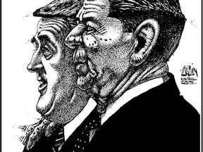 Aislin cartoon of Brian Mulroney and Ronald Reagan.
