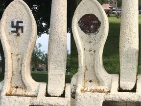 Before and after shots of an anchor at a park in Pointe-des-Cascades that has a swastika painted on it. Erasing Hate founder Corey Fleischer removed the paint to obscure the symbol.