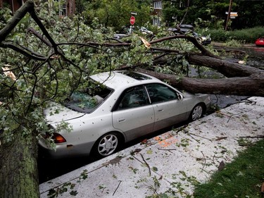 A car has both front and back windows broken after two trees fell on it on Draper Ave. after a storm ripped through Notre-Dame-de-Grâce in Montreal on Tuesday August 22, 2017.