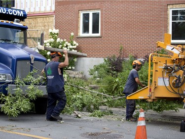 Workers clear branches and trees on Monkland Avenue in NDG Montreal, August 23, 2017. (Christinne Muschi / MONTREAL GAZETTE)