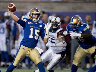 Winnipeg Blue Bombers quarterback Matt Nichols throws the ball during CFL action against the Montreal Alouettes at Molson Stadium in Montreal on Thursday August 24, 2017.