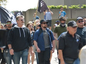 A photo released by Montreal Antifasciste shows Shawn Beauvais-Macdonald (in blue jacket, centre) participating in La Meute's protest in Quebec City on Aug. 20, 2017.