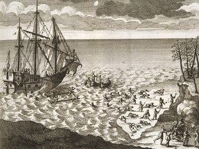 French ship the Pélican sinking in the Hudson Bay in 1697 after winning a battle with the English for control of the area.