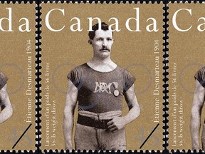 A 45-cent stamp issued in 1996 honoured Policeman and Olympic athlete, Étienne Desmarteau, who broke records in the 56-lb Weight Throw